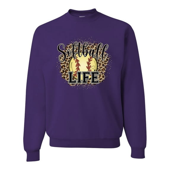 Softball Life Animal Print Girl Sports Unisex Crewneck Graphic Sweatshirt, Purple, X-Large