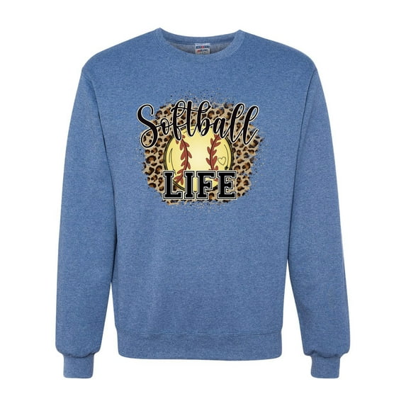 Softball Life Animal Print Girl Sports Unisex Crewneck Graphic Sweatshirt, Vintage Heather Blue, Small