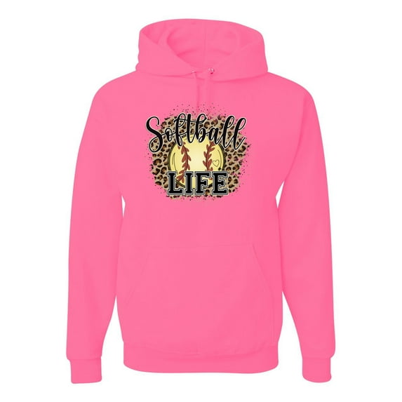 Softball Life Animal Print Girl Sports Unisex Graphic Hoodie Sweatshirt, Neon Pink, X-Large