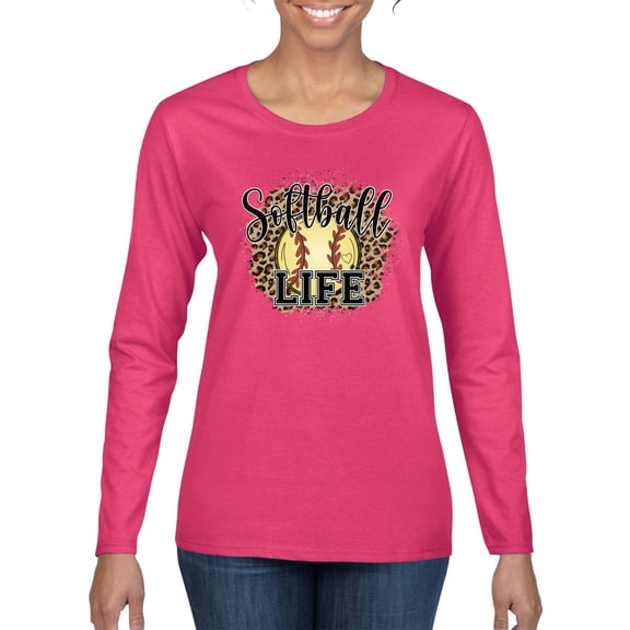 Softball Life Animal Print Girl Sports Womens Graphic Long Sleeve T-Shirt, Fuschia, Large