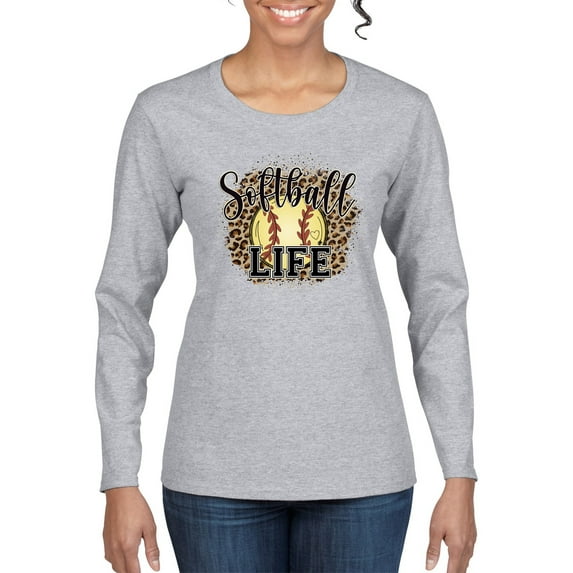 Softball Life Animal Print Girl Sports Womens Graphic Long Sleeve T-Shirt, Heather Grey, Large