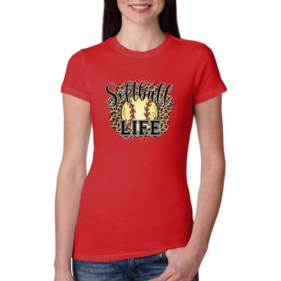 Softball Life Animal Print Girl Sports Womens Slim Fit Junior Tee, Red, Medium