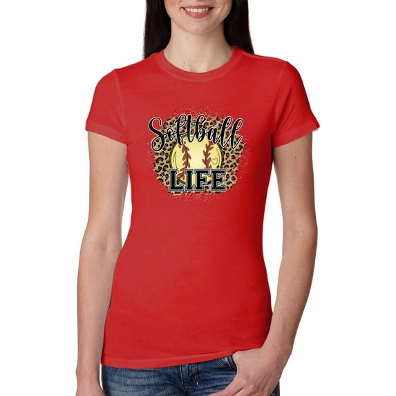 Softball Life Animal Print Girl Sports Womens Slim Fit Junior Tee, Red, Small