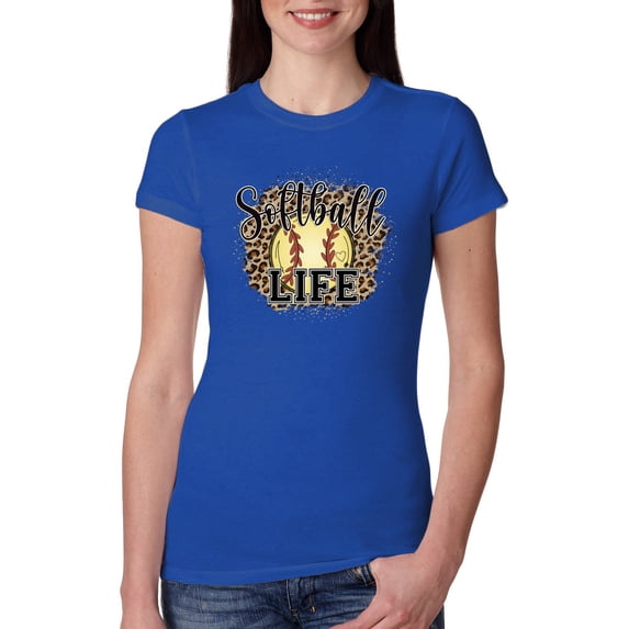 Softball Life Animal Print Girl Sports Womens Slim Fit Junior Tee, Royal, Medium