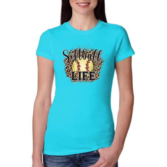 Softball Life Animal Print Girl Sports Womens Slim Fit Junior Tee, Tahiti Blue, Medium