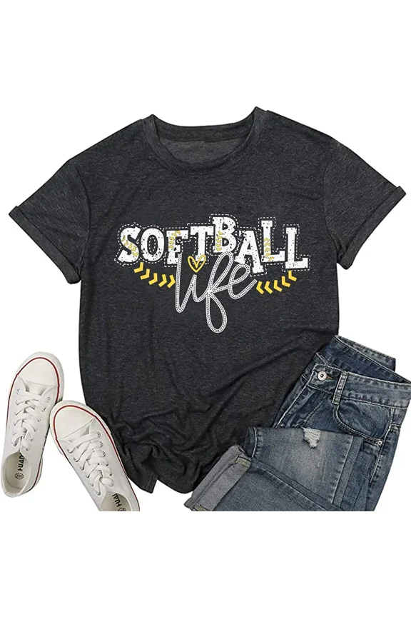 Softball Life Shirt for Women Cute Graphic Softball Mom Life Tshirt Short Sleeve Fashion O Neck Tee Shirts Top