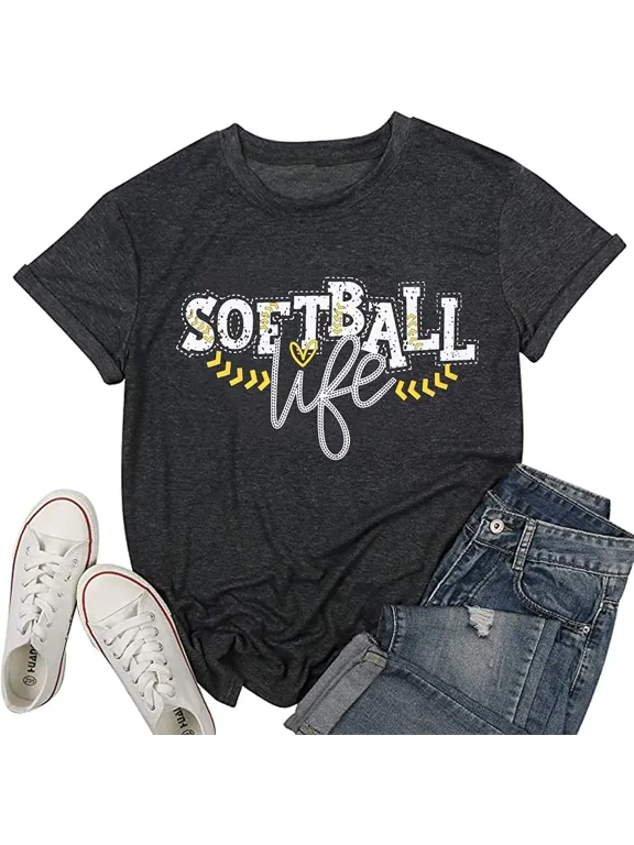 Softball Life Shirt for Women Cute Graphic Softball Mom Life Tshirt Short Sleeve Fashion O Neck Tee Shirts Top