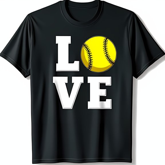 Softball Love Black T-Shirt Yellow Softball Design with White Outline & Stitching