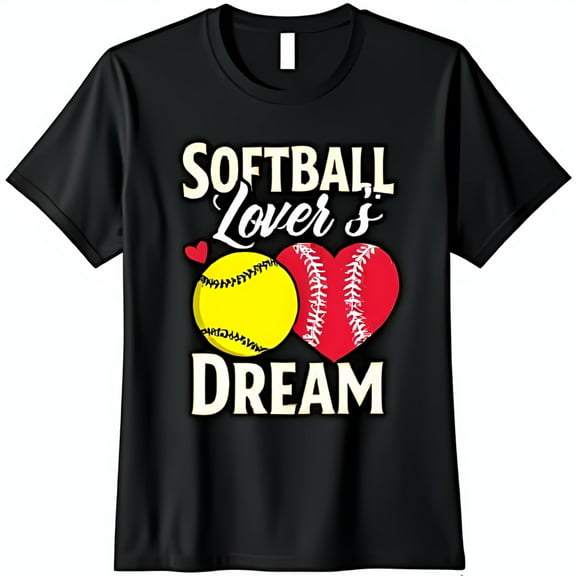 Softball Lover Dream Black T-Shirt with Heart Shaped Softball Graphics