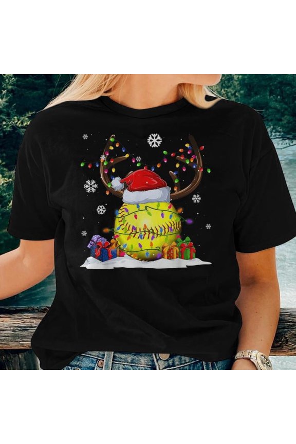 Softball Lovers Reindeer Santa Hat Ugly Christmas Sweater Style Graphic Tee Unisex Adult Cotton Holiday Gift for Sports Fans, Size 2XL, Color Black