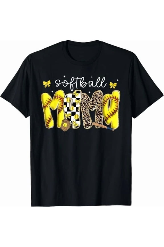 Softball Mama Leo.pard Coquette Bow Mom Mother Women T-Shirt