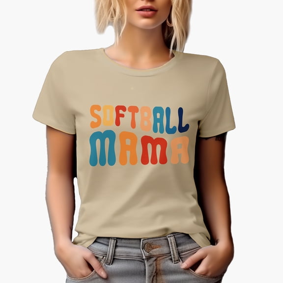 Softball Mama, Mother or Mom of a Softball Player Themed, Groovy Retro Wavy Text Merch Gift, Tan T-Shirt, XL