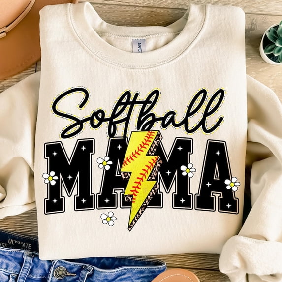Softball Mama Varsity Sweatshirt, Lightning Bolt Softball Mom Pullover, Sublimation Style Game Day Crewneck