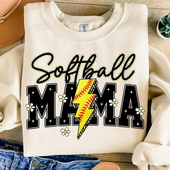 Softball Mama Varsity Sweatshirt, Lightning Bolt Softball Mom Pullover, Sublimation Style Game Day Crewneck