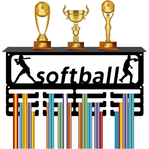 Softball Medal Holder Trophy Shelf Medal Hanger Display with Shelf Stand Sports 4 Rows Wall Mount Hold 70+ Medals for Men Women Softball Soccer Running Swimming Awards Rack 15.7 x 7.9 Inch for DIY