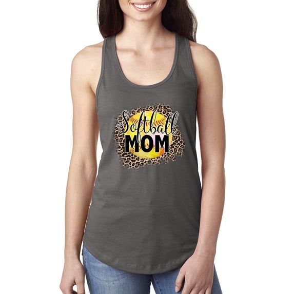 Softball Mom Animal Print Girl Sports Ladies Racerback Tank Top, Dark Grey, Large