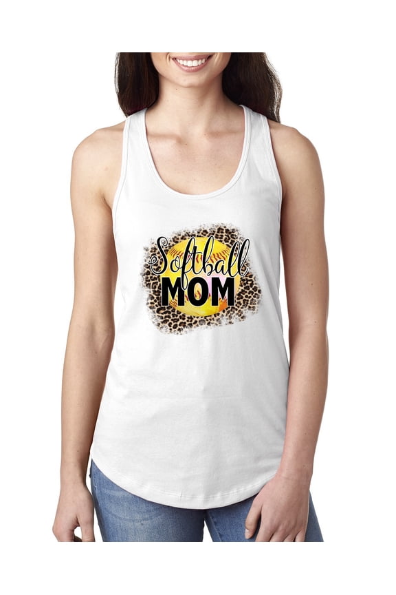 Softball Mom Animal Print Girl Sports Ladies Racerback Tank Top, White, Large