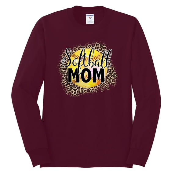 Softball Mom Animal Print Girl Sports Mens Long Sleeve Shirt, Maroon, Small