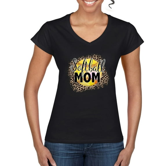 Softball Mom Animal Print Girl Sports Women’s Standard V-Neck Tee, Black, Small