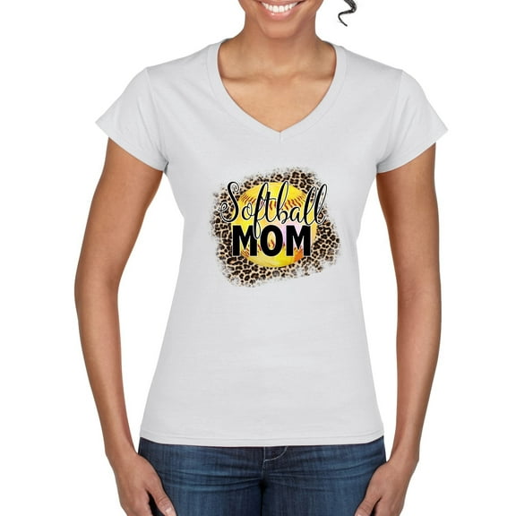 Softball Mom Animal Print Girl Sports Womenâ€™s Standard V-Neck Tee, White, Large
