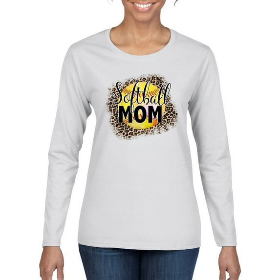 Softball Mom Animal Print Girl Sports Womens Graphic Long Sleeve T-Shirt, White, X-Large