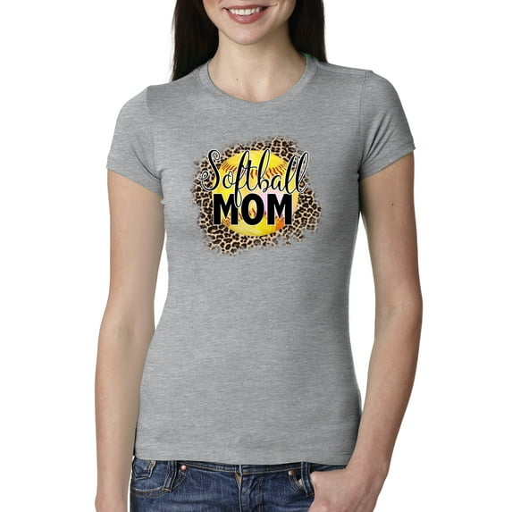 Softball Mom Animal Print Girl Sports Womens Slim Fit Junior Tee, Heather Grey, Large