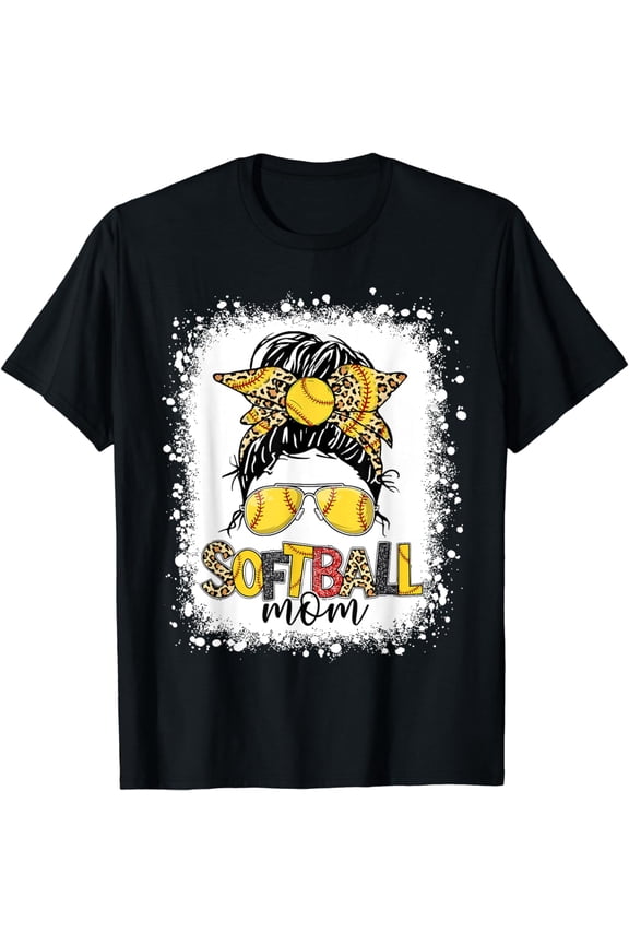 Softball Mom Happy Mother's Day Mom Life Messy Bun Bleached T-Shirt
