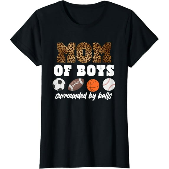 Softball Mom Of Boys Surrounded By Balls Leopard Patterns T-Shirt