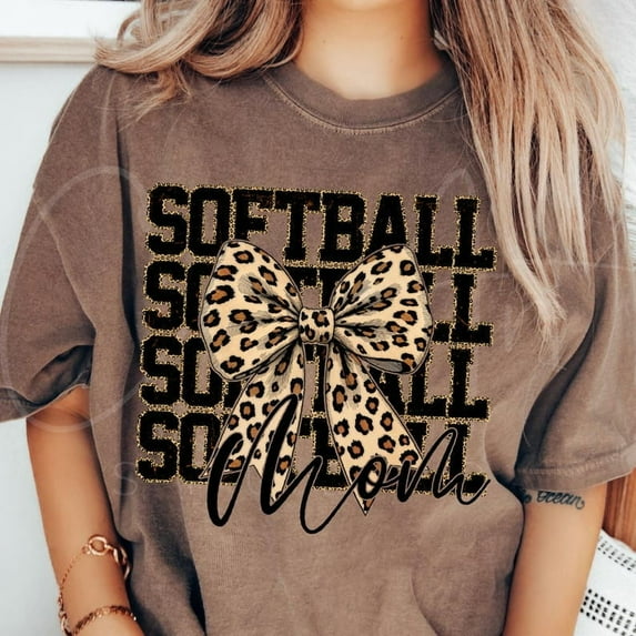 Softball Mom T-Shirt, Leopard Bow Softball Mama Design, Game Day Softball Shirt for Moms