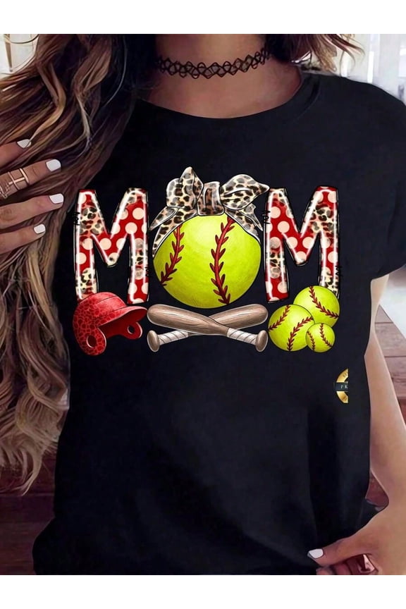 Softball Mom T-Shirt With Leopard Print And Polka Dot Design, Baseball Theme Graphic Tee For Women, Perfect Gift For Mother's Day, Birthday Or Sports Fan Mom,220g
