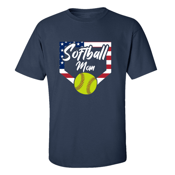 Softball Mom Tee Patriotic American Flag Home Run Sports Unisex Adult Short Sleeve T-shirt-Navy-large