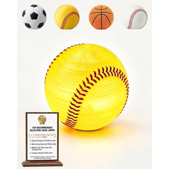 Softball Night Light Gift, Baseball LED Ambient Lamp Suitable for Sports Room Decoration Realistic Design with a Warm Glow Idea for Players Coaches Fans Bedside Tables Desks and Gift Giving