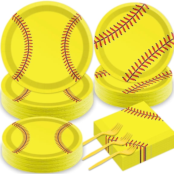 Softball Party Disposable Tableware Set for 50 Guests  9-Inch Dinner Plates, 7-Inch Dessert Plates, 6.5-Inch Napkins, and Plastic Forks  White and Yellow Sport Theme, 200-Piece