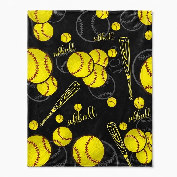 Softball Pattern Fleece Blanket, Yellow Sports Throw, 280 GSM Polyester