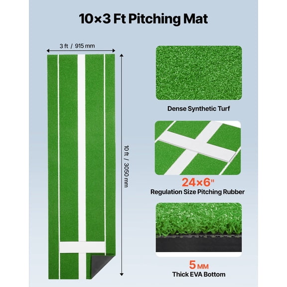 Softball Pitching Mat,10x3 ft Baseball Pitching Rubber Mound,Antifade Turf&Antislip Foam Backing Portable Training Aid,Fastpitch Equipment for Pitchers Indoor Outdoor Practice,Green