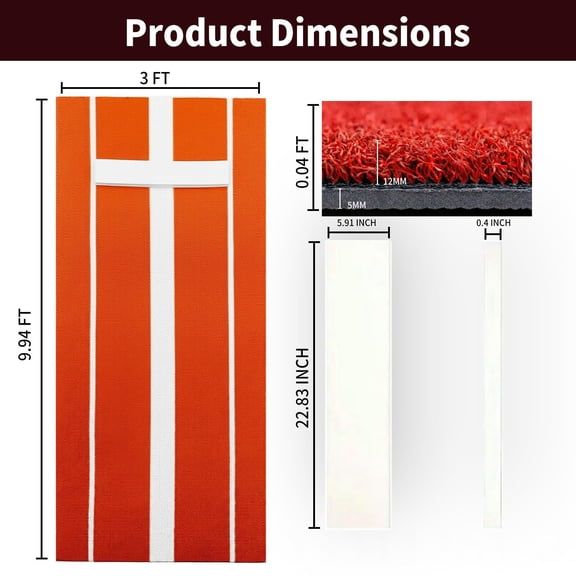 Softball Pitching Training Mat, 10ft x 3ft Red Weather Resistant Turf Pitching Mound with Rubber Plate, for Indoor Outdoor & Backyard Use