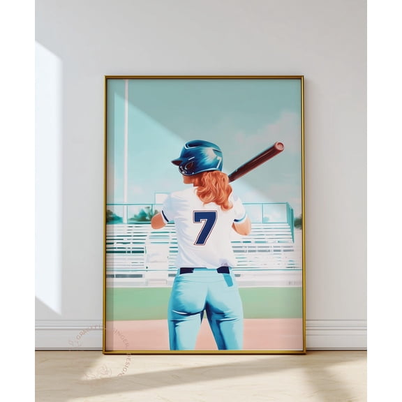 Softball Player Art Print, Girly Blue Room Decor, Baseball Sports Poster Home Decor #2450, Unframed Poster Size 12x18