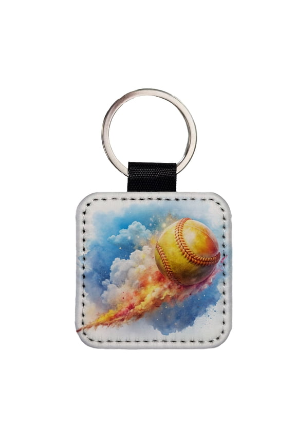 Softball Rocketing Through The Sky Watercolor Faux Leather Square Keychain