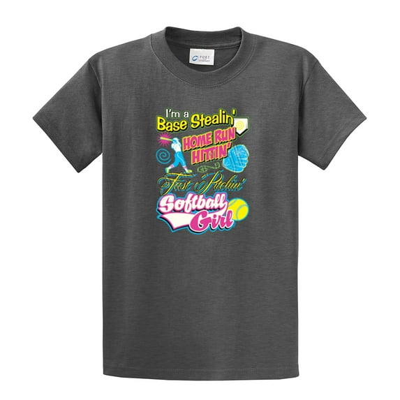 Softball Short Sleeve T-shirt I'm A Base Stealin, Home Run Hittin'-HeatherGray-Larg