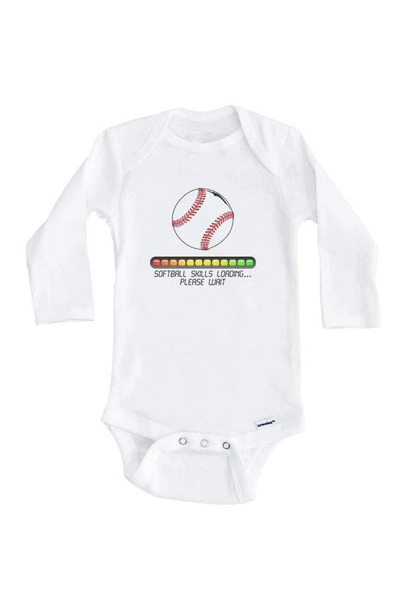 Softball Skills Loading Please Wait Funny One Piece Baby Bodysuit (Long Sleeve), 3-6 Months White