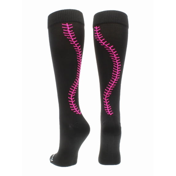 Softball Socks with Stitches Over the Calf (Black/Neon Pink, Large)