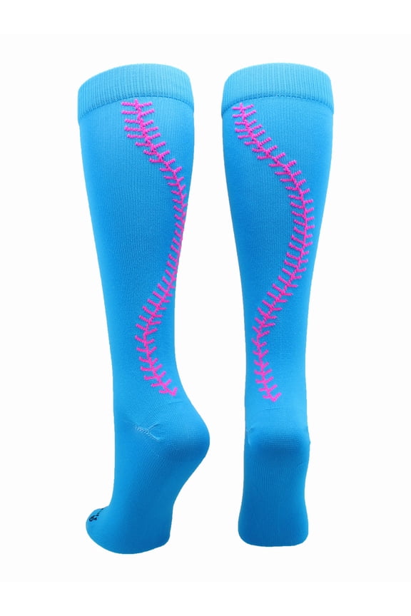 Softball Socks with Stitches Over the Calf (Electric Blue/Neon Pink, Medium)