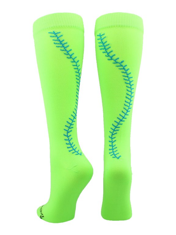 Softball Socks with Stitches Over the Calf (Neon Green/Electric Blue, Small)