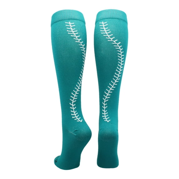 Softball Socks with Stitches Over the Calf (Teal/White, Small)