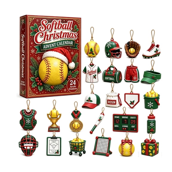 Softball Themed Advent Calendar 24 Day Christmas Countdown Acrylic Ornaments Sports Gift Set