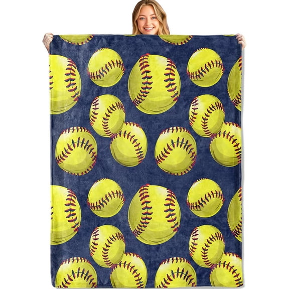 Softball Throw Blanket 50x60in,Ultra Soft, Cozy Lightweight Flannel, Yellow Balls Blankets Gifts for Women Men Sport Lovers,for Couch Travel,Rustic Home Living Room Decor