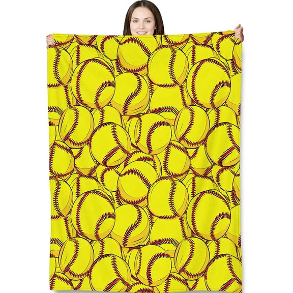 Softball Throw Blanket for Adults Kids, 50x60 in, Yellow Sports Theme Flannel Blankets for Bedroom, Couch, Travel, Home Decor, Fuzzy Soft Cozy Warm Gifts