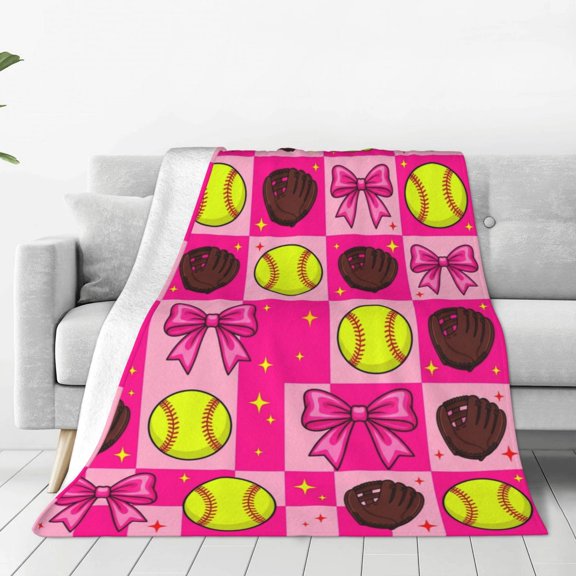 Softball Throw Blanket, Pink Bow Sports Pattern, Soft Flannel Couch Throw for Softball Lovers and Fans 50x40