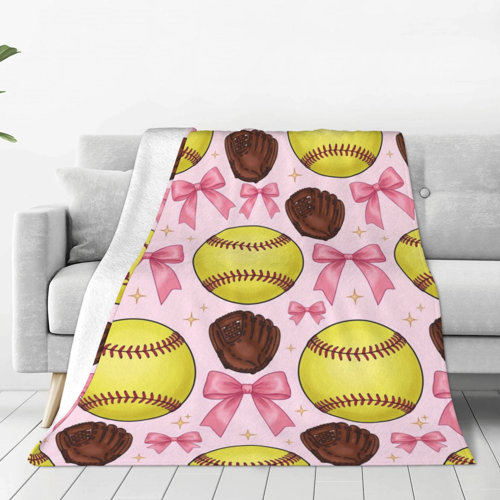 Softball Throw Blanket, Pink Bow Sports Pattern, Soft Flannel Couch ...