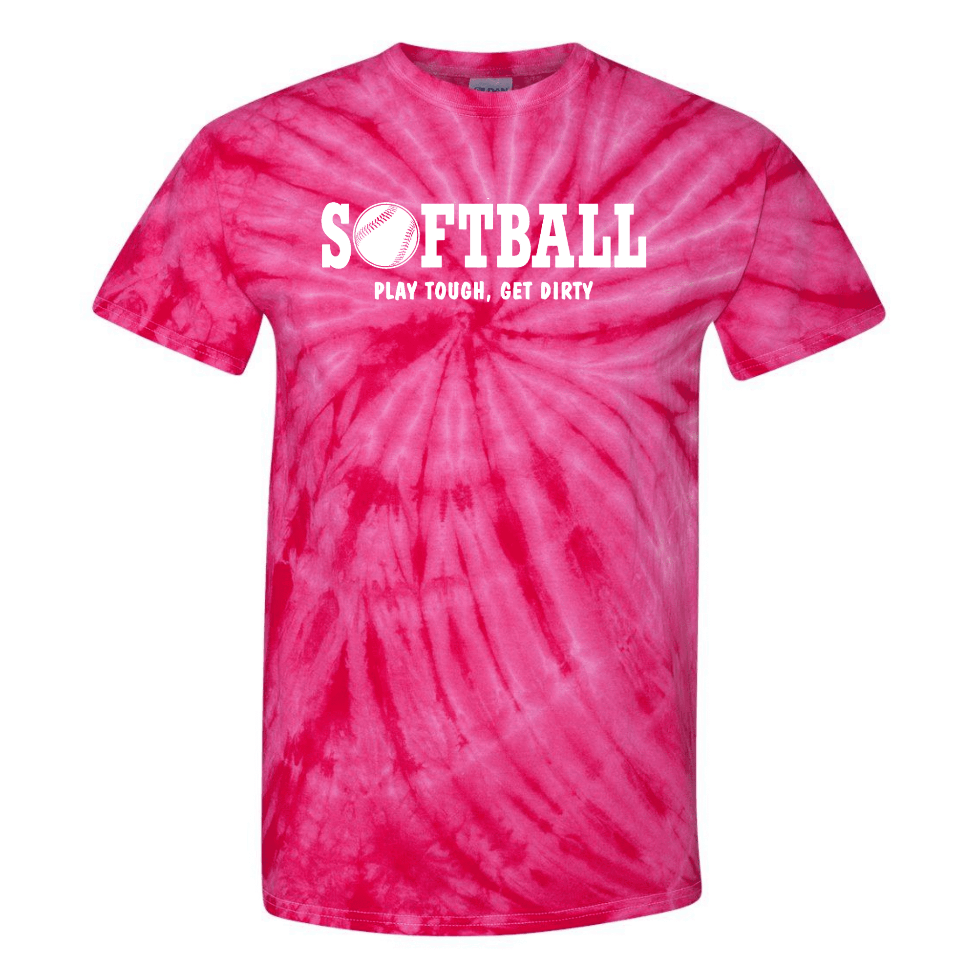 Softball Tie Dye T-Shirt Play Tough, Get Dirty White Logo (Fuchsia, YL) 